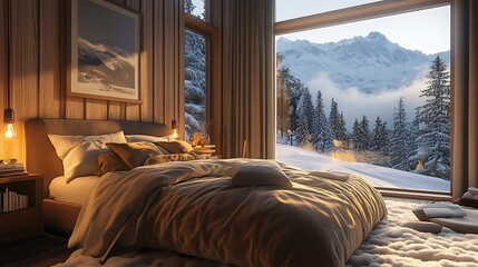 Winter bedroom retreat cozy interior design mountain view chalet cabin style home decor scenic...