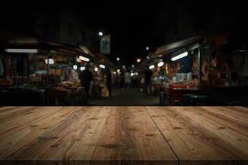 A vacant wooden table set against a bustling nighttime market scene for product showcasing