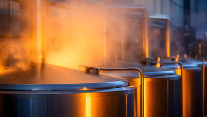 Industrial brewing equipment emits steam during the beer production process, showcasing the vibrant orange glow and intricate machinery at work.