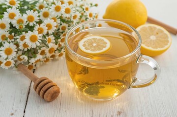Glass cup of chamomile tea with lemon and honey on a white wooden surface and fresh chamomile flowers nearby. Close-up view of a healthy herbal beverage for boosting immunity.