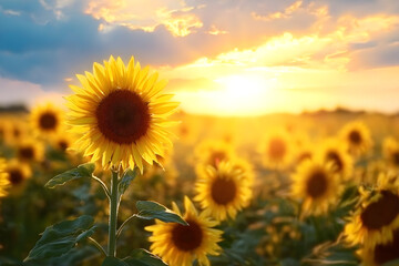 Fototapeta premium A vibrant sunflower field under a golden sunset, showcasing the beauty of nature. The sunflowers face the light, symbolizing warmth and cheerfulness.