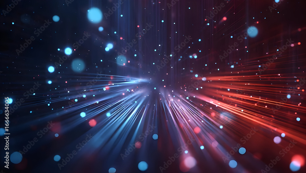 Poster dynamic abstract image showcasing vibrant light particles and beams in a mesmerizing pattern, repres