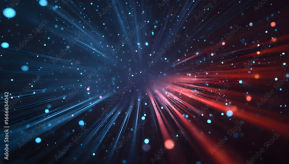 Poster a vibrant display of digital particles forming dynamic light beams. perfect for backgrounds in techn
