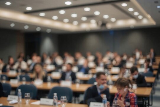 Corporate seminar space during a professional gathering. Government workshop session. Educational lecture in a classroom setting. Blurred abstract backdrop. Activity in a contemporary luminous office.