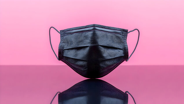 A stylish black mask set against a vibrant pink background, highlighting modern health practices and personal protection in today's society.