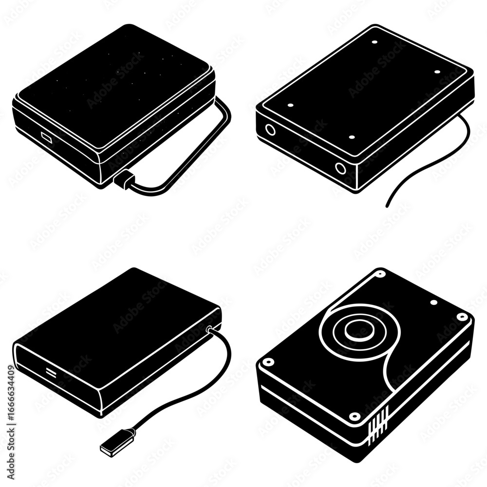 Poster illustration of four external hard drives with different connection types and design features shown