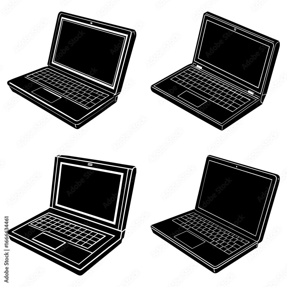 Aufkleber four black and white laptop computers displayed in a grid pattern on a white background view from ab