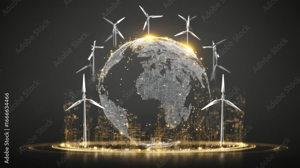 Poster digital representation of globe surrounded by wind turbines, symbolizing renewable energy and sustai