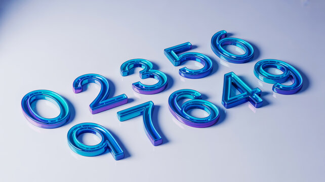 Stunning iridescent glass numbers 0-9 create a modern, vibrant visual for counting, data, or education concepts.