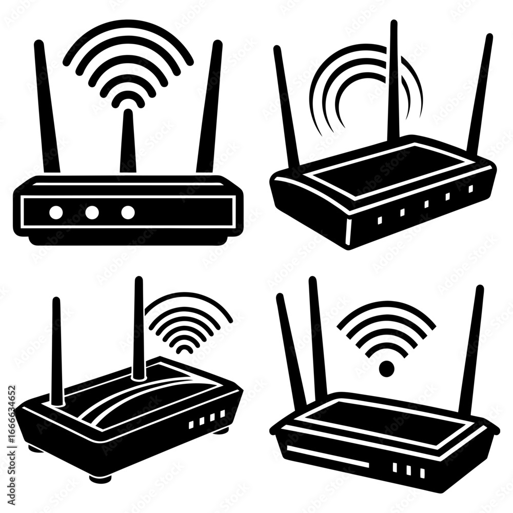 Poster illustration of four black wireless routers emitting wifi signals with multiple antennas each device