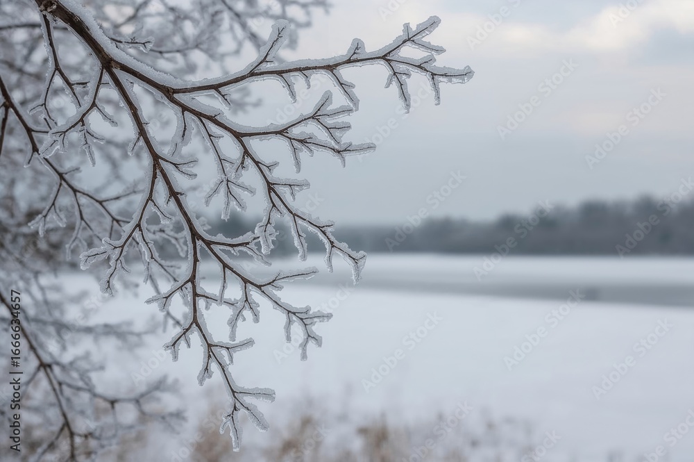 Poster frost-covered twigs against a snowy backdrop with a soft focus effect.