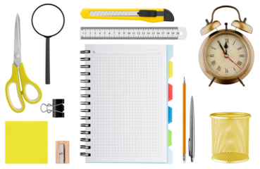 Flat lay of office and school stationery including notebook, scissors, ruler, clock and accessories on white background.