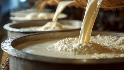Fresh milk being poured into traditional containers, showcasing the rich textures and creamy consistency. A beautiful representation of dairy farming.