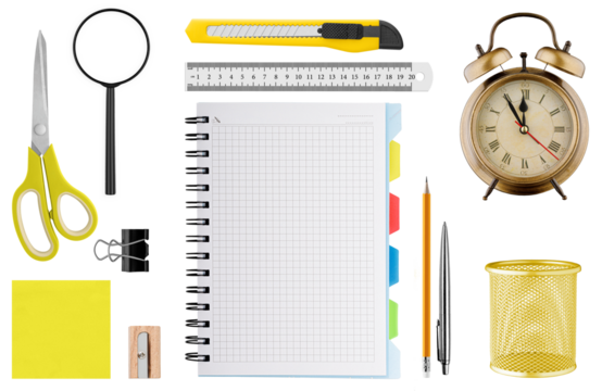 Flat lay of office and school stationery including notebook, scissors, ruler, clock and accessories on white background.