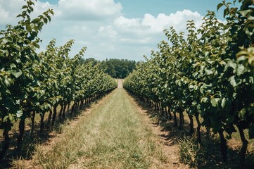 Obraz premium A vibrant summer day with blackcurrant shrubs lined up on farmland.