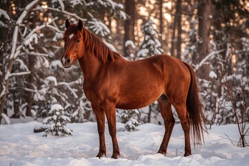 A chestnut-colored horse stands in a snowy woodland during dusk.
