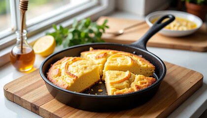Cornbread baked in skillet with lemon slices on wooden countertop  