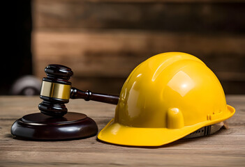 A symbolic image representing the intersection of construction and law, featuring a yellow hard hat and a gavel on a wooden surface.