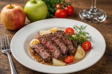 Grilled beef fillet mignon presented on a white dish accompanied by apples, dill, and tomatoes on a wooden surface