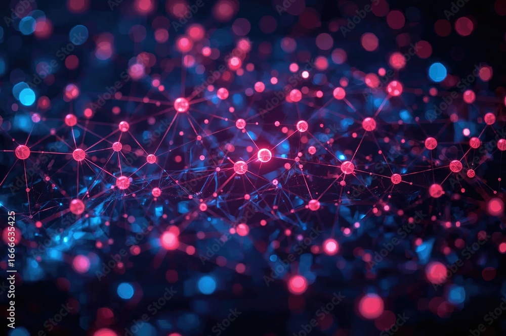 Poster depiction of linked digital systems on a colorful backdrop symbolizing worldwide communication techn