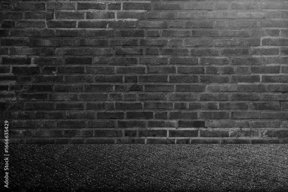 Poster surface of the black floor and wall. abstract pattern of tile floor and brick wall. mock up. copy sp