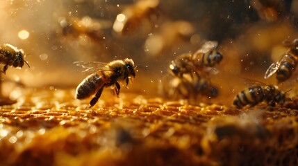 Fototapeta premium Bees on Honeycomb Inside Hive with Golden Tones
