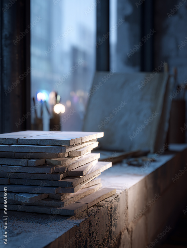 Poster stack of clean tiles rests on a surface near a partially illuminated workspace in an urban setting d