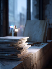 Stack of clean tiles rests on a surface near a partially illuminated workspace in an urban setting during evening hours