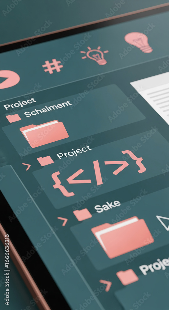 Aufkleber close-up of tablet screen displaying file folders and code symbols, representing software developmen