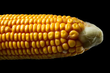 Close-up view of fresh, golden corn on the cob isolated against a black background, showcasing its vibrant color and intricate texture.