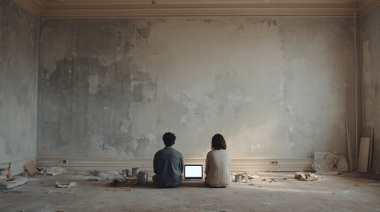 Young couple planning home renovation while sitting on the floor looking at a laptop in empty room with unfinished walls