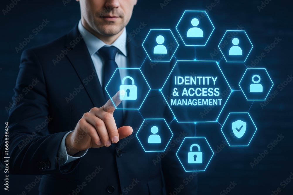 Poster digital security visionary: a modern businessman in a sharp suit, poised and focused, interacts with