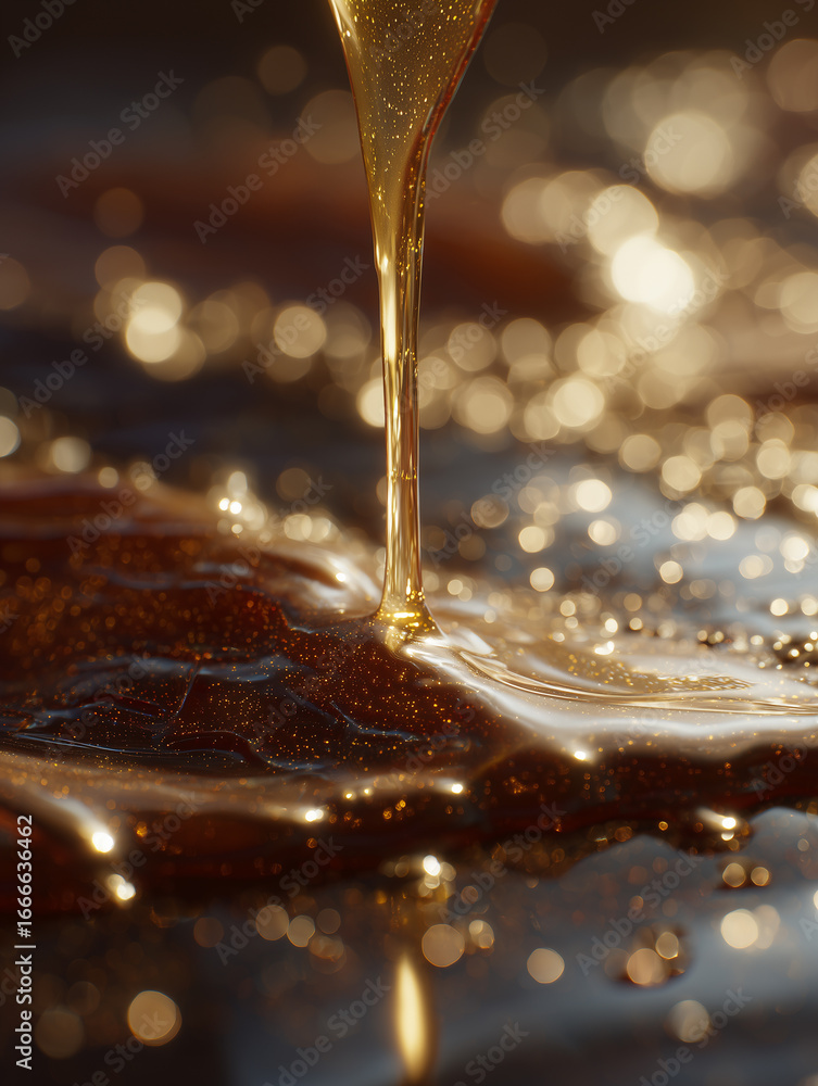 Poster golden paint cascading onto a smooth surface creates mesmerizing patterns under soft light