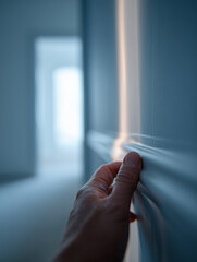 Touching a smooth newly painted doorframe in a softly lit hallway during renovation