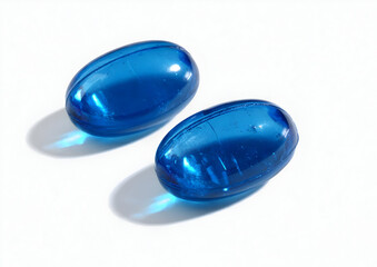 Two blue capsules on a white surface, reflecting light. These dietary supplements symbolize health and wellness, appealing to nutrition-conscious consumers.