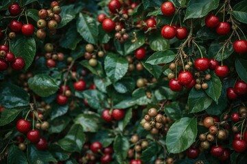 Obraz premium Red cherries with leaves and flowers on a natural summer background