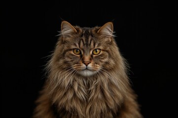 Fototapeta premium Longhaired feline against a black backdrop, sunlit and solitary.