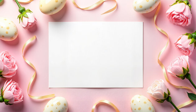 Easter eggs and pink roses with blank card on pastel background