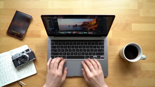 Top-down view of hands editing a travel video on a laptop. Creator, faceless content, digital nomad concept.