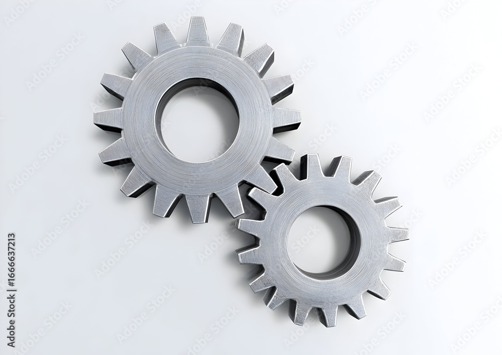 Poster close-up of two metallic gears, showcasing intricate details and textures, symbolizing engineering a