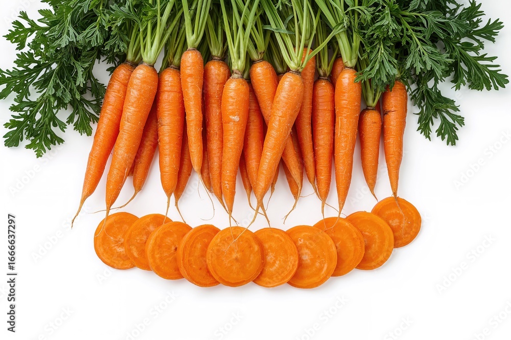 Poster close-up studio photo of carrots and carrot slices with clipping path, isolated on plain background