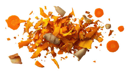 Food waste pieces like carrot peels and apple cores background isolated on a Transparent background, PNG file.