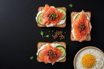 Open-faced sandwiches featuring smoked trout, cream cheese, cucumber slices, and capers against a dark backdrop. Overhead shot with space for text.