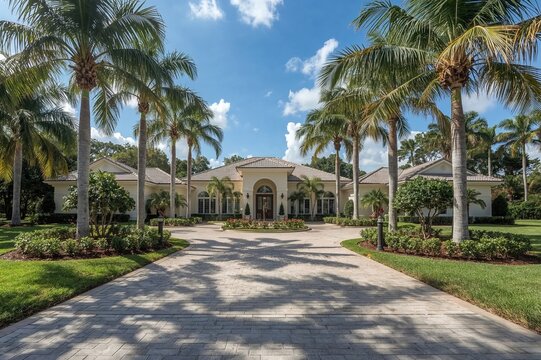 Sophisticated mansion gateway framed by lush tropical plants, manicured lawn, driveway, and palm trees beneath a bright sky.