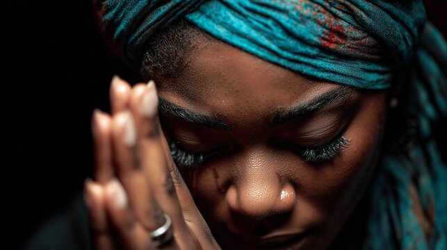 Woman in distress showing emotions while praying with hands clasped in a dimly lit space