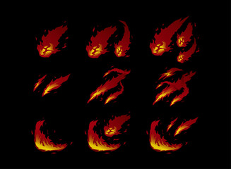 set of fantasy fire flame game ui asset elements with fire ball, fire thrust strike explosion with tier