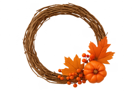 Autumn wreath with orange leaves and berries on transparent background