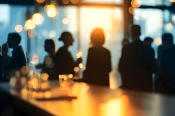 A vibrant social gathering at sunset, with silhouettes of individuals enjoying cocktails, creating a relaxed and warm atmosphere for networking.