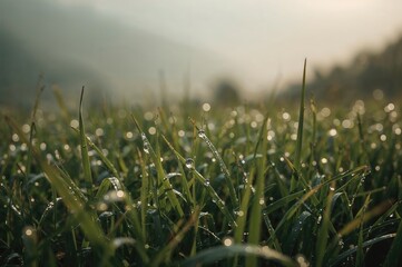 Fototapeta premium Dew droplets resting on blades of grass during a mountain morning