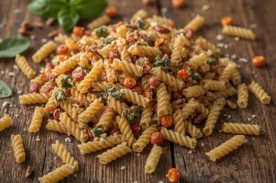 Close-up of tri-colored spiral pasta on a rustic wooden surface
